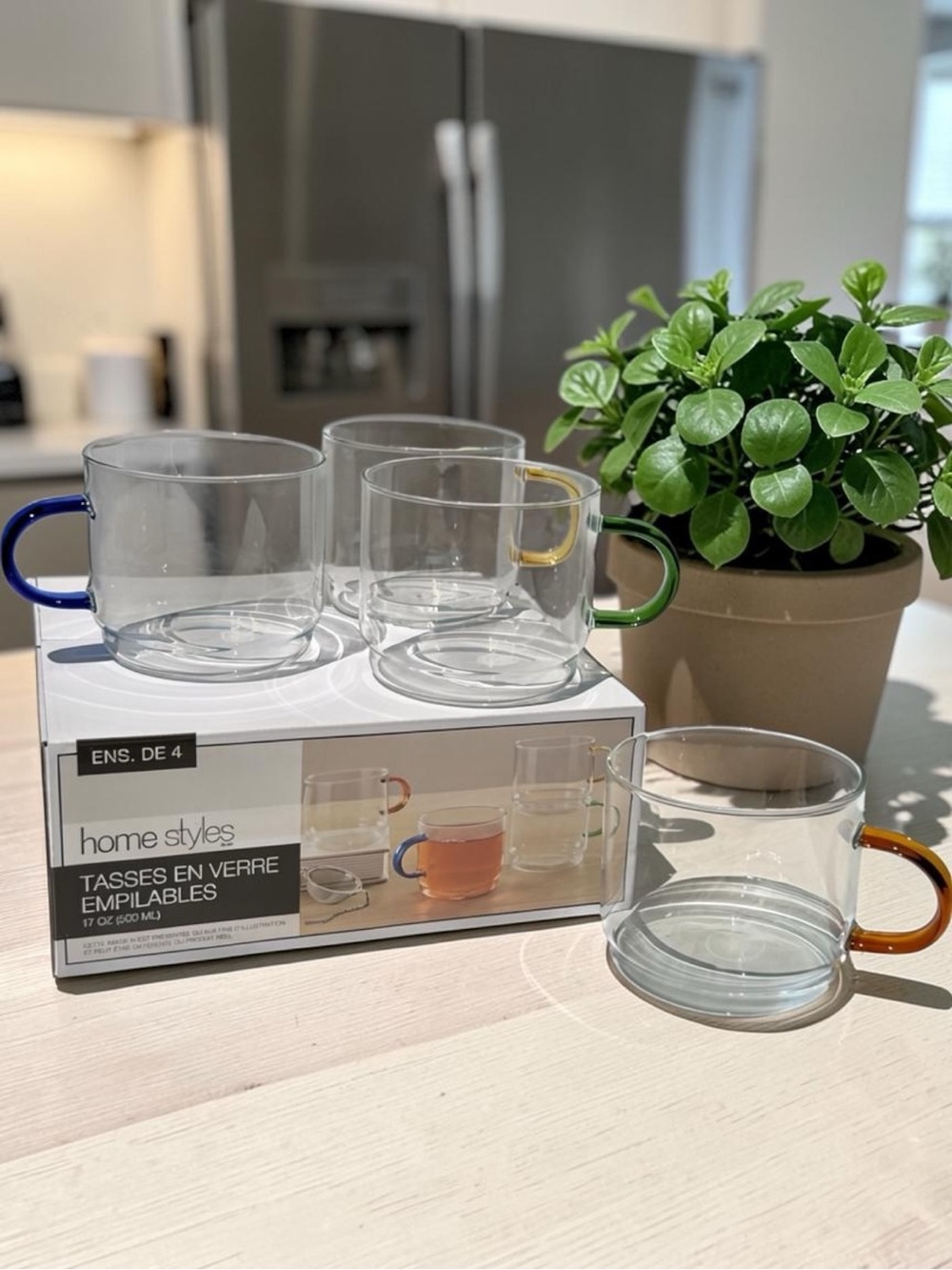 Home Styles Stackable Glass Mugs – Set of 4 | 17 oz (500 mL) | New in Box